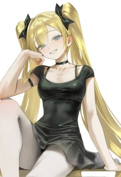 1girl arm_support bangsom black_bow black_choker black_dress blonde_hair blue_eyes bow choker collarbone commentary dress hair_bow highres knee_up long_hair looking_at_viewer nora_(bangsom) original pantyhose sitting smile solo twintails unfinished white_pantyhose