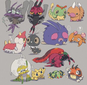 !? ... ^_^ animal caterpie caterpillar closed_eyes compound_eyes disembodied_hand gen_1_pokemon gen_2_pokemon gen_3_pokemon gen_5_pokemon gen_6_pokemon gen_7_pokemon gen_8_pokemon grey_background highres holding holding_animal joltik ledyba lying mean_to_you nintendo no_humans on_side paras pokemon pokemon_(creature) scatterbug sizzlipede sleeping sleeping_on_pokemon spinarak spoken_ellipsis spoken_interrobang tarountula translation_request venipede venonat weedle wimpod wurmple