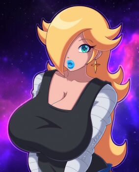 1girl absurdres android_18 android_18_(cosplay) aqua_eyes blonde_hair breasts cleavage cosplay dragon_ball dragonball_z earrings female_focus hair_over_one_eye highres huge_breasts jewelry large_breasts lips lipstick long_hair looking_at_viewer makeup mario_(series) nintendo rockmangrave rosalina solo space super_mario_galaxy thick_lips upper_body