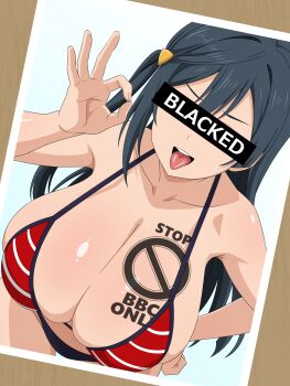 1girl absurdres alternate_breast_size_(larger) armpit_crease bikini black_hair blacked_(phrase) blacked_female blue_background breast_tattoo breasts censored censored_identity collarbone commentary_request cowboy_shot grey_eyes hair_ornament hand_on_own_hip handjob_gesture highres huge_breasts leaning_forward long_hair looking_at_viewer love_live! love_live!_nijigasaki_high_school_idol_club migikoba one_side_up open_mouth photo_(object) red_bikini skindentation smile solo swimsuit tattoo tongue tongue_out very_long_hair yuki_setsuna