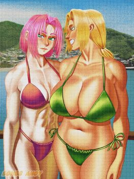 Rule 34 | 2girls, abs, bikini, blonde hair, bombsahoy, breasts, cleavage, curvy, grandma, green eyes, haruno sakura, highres, huge breasts, mature female, medium breasts, meme, mom and her daughter (meme), multiple girls, naruto (series), naruto shippuuden, old, old woman, pink hair, short hair, smile, swimsuit, teacher, teacher and student, toned, toned female, tsunade (naruto)