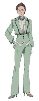 Rule 34 | 1girl, brown eyes, brown hair, collarbone, disgust, green jacket, green pants, hersch, high heels, highres, jacket, lazarus, looking to the side, nontraditional miko, official art, pants, shirt, shoes, short hair, simple background, solo, white background, white shirt