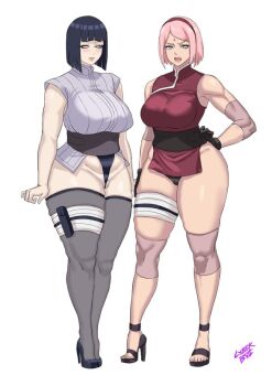 2girls aged_up annoyed black_gloves black_hair black_legwear blush bob_cut boruto:_naruto_next_generations breasts closed_mouth cyberboi elbow_pads facial_mark female_focus female_pubic_hair forehead_jewel forehead_mark gloves green_eyes hand_on_own_hip haruno_sakura high_heels holster huge_breasts hyuuga_hinata knee_pads large_breasts legs lips looking_at_viewer mature_female multiple_girls naruto_(series) no_pupils open_mouth pink_hair pubic_hair pupiless_eyes purple_eyes short_hair sleeveless tagme talking thick_thighs thighhighs thighs white_background white_eyes wide_hips