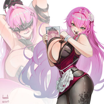 Rule 34 | 1girl, 95hoody, animal ears, apron, armpits, arms up, bare shoulders, between breasts, black leotard, black pantyhose, blush, breasts, choker, clipboard, commentary, covered eyes, dated, detached collar, dress, eye mask, flower, frilled apron, frills, goddess of victory: nikke, green eyes, hair between eyes, hair flower, hair intakes, hair ornament, hairclip, heart, heart-shaped mole, highres, holding, holding clipboard, huge breasts, leotard, long hair, mask, mole, mole under eye, mouth hold, open mouth, pantyhose, pink choker, pink dress, pink hair, pink lips, pink rope, rabbit ears, rope, shibari, shibari over clothes, signature, simple background, smile, spiked choker, spikes, spread legs, sweat, teeth, teeth hold, thighs, tongue, tongue out, velvet (nikke), waist apron, white apron, white background, zoom layer