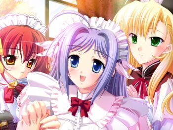 3girls :d ahoge blonde_hair blush dress game_cg green_eyes kishi_nisen maid maid_headdress multiple_girls nonomiya_sumire open_mouth ore_to_kanojo_wa_shujuu_na_kankei purple_hair red_hair short_hair smile tobari_(ore_to_kanojo_wa_shujuu_na_kankei) tobato_marina upper_body