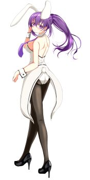 Rule 34 | 1girl, absurdres, animal ears, back, black pantyhose, card, gochuumon wa usagi desu ka?, high heels, highres, leotard, looking back, maxima sakuya, necktie, pantyhose, playboy bunny, playing card, purple necktie, rabbit ears, tedeza rize, white leotard, wrist cuffs
