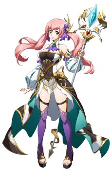 1girl arm_at_side ascot bare_shoulders blue_gemstone breasts brooch cleavage closed_mouth covered_navel crystal detached_sleeves dress frilled_sleeves frills full_body game_cg gem gold_trim green_gemstone hair_ornament hair_ribbon high_heels highres holding holding_staff holding_weapon jewelry langrisser langrisser_mobile langrisser_re:incarnation large_breasts light_smile looking_at_viewer mage_staff noemi_(langrisser) o-ring official_art open-toe_shoes pigeon-toed pink_eyes pink_hair puffy_sleeves purple_ascot purple_ribbon purple_thighhighs red_gemstone ribbon shiny_skin showgirl_skirt solo staff standing tachi-e thigh_strap thighhighs third-party_source toes transparent_background twintails weapon white_sleeves zettai_ryouiki