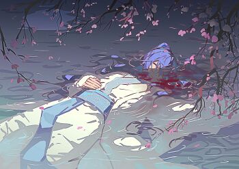Rule 34 | 1boy, absurdres, blood in water, blue hair, blue sash, chinese clothes, closed eyes, cssw23290175, floating, floating hair, flower, hanfu, highres, hong lu (project moon), limbus company, long hair, long sleeves, parted lips, pink flower, project moon, sash, solo, tree, very long hair, white hanfu