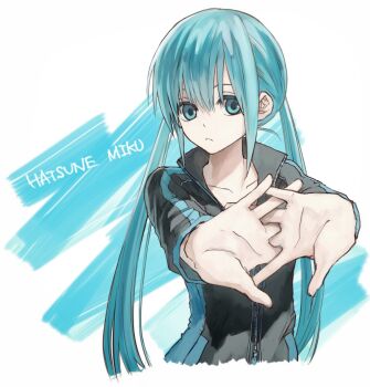 Rule 34 | 1girl, blue eyes, blue hair, cracking knuckles, hashimoto kokai, hatsune miku, jacket, long hair, simple background, solo, stretching, track jacket, twintails, vocaloid