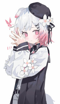 1girl animal_ears beret black_hat closed_mouth dog_ears flower hair_flower hair_ornament hands_up hat highres long_sleeves mahou_shoujo_no_majo_saiban measho multicolored_hair pink_eyes pink_hair sakuraba_ema simple_background solo white_background white_hair
