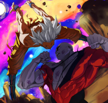 2boys battle commentary dragon_ball dragon_ball_super english_commentary fighting_stance highres jiren mlix multiple_boys muscular muscular_male son_goku spiked_hair super_saiyan topless_male torn_clothes transformation ultra_instinct white_hair