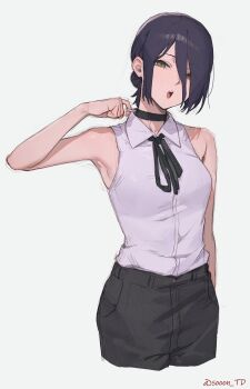 1girl absurdres black_choker black_hair black_pants black_ribbon chainsaw_man choker commentary green_eyes grenade_pin hair_between_eyes hair_bun highres long_hair_between_eyes looking_at_viewer medium_hair neck_ribbon pants pull_cord reze_(chainsaw_man) ribbon shirt shirt_tucked_in simple_background single_hair_bun sleeveless sleeveless_shirt solo sooon white_shirt