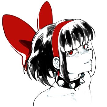 1boy black_collar black_hair blunt_bangs bow collar dizzyspells eyelashes hair_bow hairband highres looking_at_viewer male_focus original parted_lips portrait red_bow red_eyes red_hairband scythe_(dizzyspells) short_hair smile solo spiked_collar spikes trap