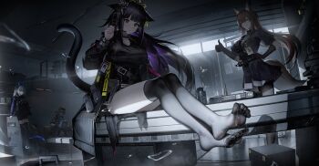 4girls absurdres almond_(arknights) ammunition_pouch animal_ear_fluff animal_ears arknights ballistic_shield bench binggong_asylum black_coat black_hair blue_coat breasts brown_hair cat_ears cat_girl cat_tail character_request choker coat desk dragon_girl dragon_horns feet fox_ears fox_girl fox_tail franka_(arknights) grey_hair headset highres horns id_card indoors jessica_(arknights) large_breasts liskarm_(arknights) miniskirt multiple_girls pleated_skirt pouch scenery shield sitting skirt smile standing strap sweat table tactical_clothes tail thighhighs thumbs_up toes window yellow_eyes