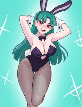 1girl :d absurdres alternate_costume animal_ear_hairband animal_ears aqua_background armpits arms_up bare_arms bare_shoulders black_bow black_bowtie black_hair black_leotard bow bowtie breasts cleavage clothing_cutout commentary covered_navel darkstalkers detached_collar english_commentary fake_animal_ears fangs fishnet_pantyhose fishnets gloves green_hair hairband heart_cutout highres large_breasts leotard long_hair morrigan_aensland open_mouth pantyhose rabbit_ears rabbit_tail red_eyes simple_background smile solo sparkle strapless strapless_leotard tail teeth thigh_gap watcher_hollow white_gloves wrist_cuffs
