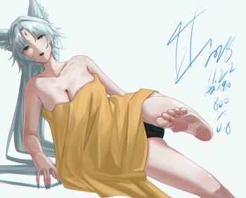 1girl absurdres animal_ears barefoot blue_eyes breasts cleavage feet feixiao_(honkai:_star_rail) gan_huang grey_hair highres honkai:_star_rail honkai_(series) long_hair looking_at_viewer open_mouth panties soles toes underwear