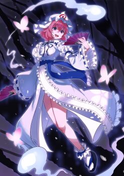 Rule 34 | black bow, black ribbon, blue bow, blue kimono, bow, breasts, cherry blossoms, folding fan, frilled kimono, frills, ghost, goshoguruma, hand fan, hat, highres, hitodama, japanese clothes, kamuraaa 615, kimono, large breasts, long sleeves, mob cap, neck ribbon, obi, pink eyes, pink hair, ribbon, saigyouji yuyuko, sash, shippou (pattern), short hair, solo, touhou, triangular headpiece, wavy hair, wide sleeves