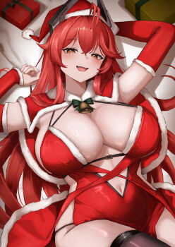 1girl absurdres bell black_thighhighs box breasts cape detached_sleeves gift gift_box goddess_of_victory:_nikke hat highres korean_commentary large_breasts leotard lying navel neck_bell on_back open_mouth red_cape red_hair red_hood_(nikke) red_leotard santa_costume santa_hat small_chair_(xiaosaiyi33818) solo stomach thighhighs