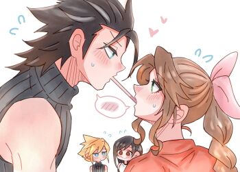2boys 2girls 7_(milu577610) aerith_gainsborough black_hair blonde_hair blue_eyes blush braid braided_ponytail brown_hair cloud_strife couple final_fantasy final_fantasy_vii final_fantasy_vii_remake flying_sweatdrops food food_in_mouth green_eyes hair_ribbon heart hetero imminent_kiss jacket looking_at_another multiple_boys multiple_girls pink_ribbon pocky pocky_day pocky_in_mouth ponytail profile red_eyes red_jacket ribbed_sweater ribbon simple_background sleeveless sleeveless_turtleneck spiked_hair spoken_blush square_enix sweatdrop sweater tank_top tifa_lockhart turtleneck turtleneck_sweater upper_body white_background white_tank_top zack_fair