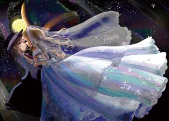 2girls alternate_hairstyle bell black_hat black_skirt black_vs_white blonde_hair bow bridal_veil bride brown_eyes brown_hair collared_shirt commentary_request dress eye_contact female_focus full_moon hat hat_bow long_hair long_sleeves looking_at_another maribel_hearn minus_(sr_mineka) moon multiple_girls necktie night red_necktie see-through_clothes see-through_veil shirt skirt sky sleeves_rolled_up star_(sky) touhou usami_renko veil wedding_dress white_bow white_dress white_shirt wife_and_wife yuri