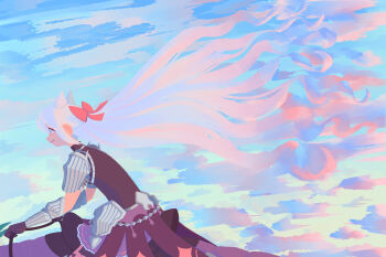 1boy androgynous blue_hair blue_sky bow cone_hair_bun drill_hair fire_emblem fire_emblem_engage hair_bow hair_bun hair_horns highres long_hair mawguai nintendo pink_bow rosado_(fire_emblem) sky trap