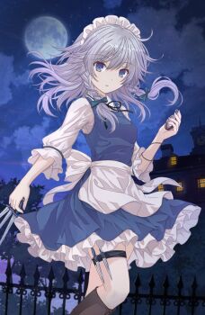 1girl apron back_bow bell_sleeves between_fingers black_socks blue_bow blue_dress blue_eyes bow braid building commentary_request cowboy_shot dress expressionless fence floating_hair frilled_dress frills full_moon grey_hair hair_bow hand_up highres holding holding_knife holding_pocket_watch izayoi_sakuya kneehighs knife knives_between_fingers looking_at_viewer maid maid_apron maid_headdress medium_hair mimi_(rasy5002) moon night outdoors parted_lips petticoat pocket_watch shirt short_dress side_braids simple_background sleeveless sleeveless_dress socks solo thigh_strap three-quarter_sleeves throwing_knife touhou waist_apron watch weapon weapon_in_garters white_apron white_background white_bow white_shirt wing_collar