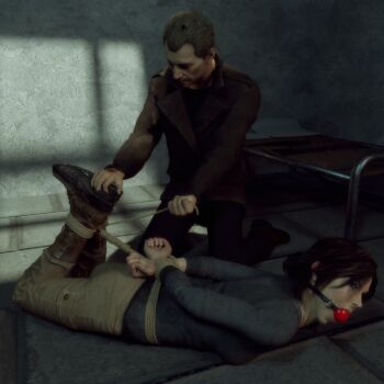 1boy 1girl 3d arms_behind_back ass ball_gag bdsm bondage bound bound_ankles bound_wrists breasts brown_eyes brown_hair gag gagged hogtie iorel-renders konstantin lara_croft rope tomb_raider