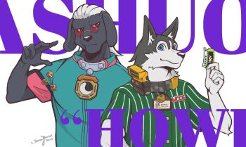 2boys a-shuo_(zenless_zone_zero) animal_ears artist_name blue_eyes blue_shirt character_name closed_mouth collar commentary dated dice dog_boy dog_ears english_commentary furry furry_male green_shirt highres holding holding_ticket howl_(zenless_zone_zero) looking_at_viewer male_focus multiple_boys red-tinted_eyewear red_eyes round_eyewear shirt smile snowjune ticket tinted_eyewear yin_yang zenless_zone_zero