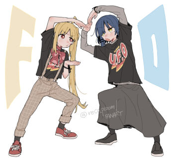 2girls alternate_costume black_shirt blonde_hair blue_hair bocchi_the_rock! bow bowtie commentary_request grey_skirt hair_ornament hairclip ijichi_nijika long_hair multiple_girls orange_eyes parallel_hairclips polka_dot polka_dot_bow polka_dot_bowtie red_bow red_bowtie ree_(re-19) shirt short_hair side_ponytail skirt translation_request yamada_ryo yellow_eyes yuri