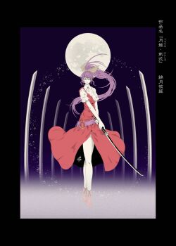 1girl black_border border bubble dress floating_hair full_body high_ponytail highres katana looking_at_viewer moon ponytail purple_hair red_dress red_shoes ribbon shoes signature simple_background single_strap solo standing sword touhou watatsuki_no_yorihime weapon yamada_satoshi yellow_ribbon