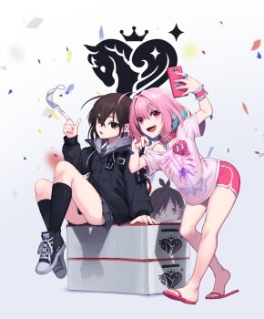 Rule 34 | 3girls, absurdres, ahoge, artist request, bad id, bad pixiv id, black jacket, blazer, blue hair, blush, brown hair, cellphone, commentary request, diagonal-striped clothes, diagonal-striped necktie, diagonal-striped neckwear, drawstring, fang, feet, green neckwear, highres, holding, holding phone, hood, hooded jacket, idolmaster, idolmaster cinderella girls, jacket, long hair, looking at viewer, mask, mask pull, mole, mole under eye, mouth mask, multicolored hair, multiple girls, necktie, open mouth, phone, pink eyes, pink hair, selfie, sharp teeth, shirt, short hair, short shorts, short sleeves, shorts, sitting, smartphone, standing, striped clothes, striped neckwear, sunazuka akira, surgical mask, t-shirt, tears, teeth, tsujino akari, two-tone hair, yumemi riamu