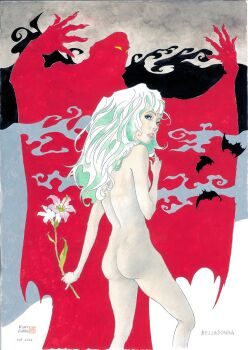 Rule 34 | 1boy, 1girl, 2024, ass, breasts, completely nude, dated, demon, devil (kanashimi no belladonna), flower, fukai kuni, holding, holding flower, jeanne (kanashimi no belladonna), kanashimi no belladonna, long hair, looking at viewer, looking back, makeup, nude, official art, painting (medium), parted lips, scan, simple background, standing, traditional media, wide hips