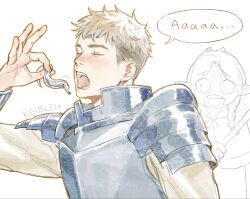 Rule 34 | 1boy, 1girl, armor, breastplate, closed eyes, dungeon meshi, eating, holding, keibleh, laios touden, leech, marcille donato, open mouth, pauldrons, scared, shoulder armor, simple background, solo focus, white background