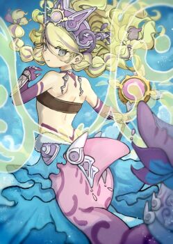 1girl back bare_shoulders blonde_hair blue_skirt body_markings braid breasts closed_mouth fins floating_hair from_behind grey_eyes hair_between_eyes headgear holding holding_staff ishii_(young-moon) long_hair looking_at_viewer mermaid midriff monster_girl multicolored_hair purple_streaks reeshaddoll_wendikurhu sidelocks skirt small_breasts smile solo staff streaked_hair swept_bangs tail tail_ornament twin_braids two-tone_hair vambraces very_long_hair wavy_hair yu-gi-oh!