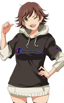 Rule 34 | 10s, 1girl, 71 (nanaichi drafting), brown hair, clothes writing, female focus, honda mio, hood, hoodie, idolmaster, idolmaster cinderella girls, one eye closed, product placement, short hair, simple background, smile, solo