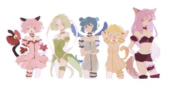 5girls ^_^ aizawa_mint arms_behind_head blonde_hair blue_hair cat_tail closed_eyes commentary cowboy_shot crossed_arms detached_sleeves double_bun dress fong_pudding fujiwara_zakuro green_hair hair_bun jewelry long_hair magical_girl mew_ichigo mew_lettuce mew_mint mew_pudding mew_zakuro midorikawa_lettuce momomiya_ichigo multiple_girls one_eye_closed pink_dress pink_hair ronoh_(jill) short_hair shorts simple_background tail thigh_strap thighlet tokyo_mew_mew white_background yellow_dress