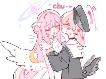 2girls angel_wings beret black_hat black_shirt blue_archive blush closed_eyes closed_mouth dress hair_bun halo hands_on_another&#039;s_shoulders hat head_wings kiss kissing_cheek koharu_(blue_archive) long_hair long_sleeves looking_at_another low_twintails low_wings medium_hair mika_(blue_archive) multiple_girls nagakiras2 nervous_sweating one_eye_closed open_mouth pink_hair sailor_collar school_uniform serafuku shirt single_hair_bun sleeveless sleeveless_dress sweat twintails white_dress white_sailor_collar wings yellow_eyes yuri