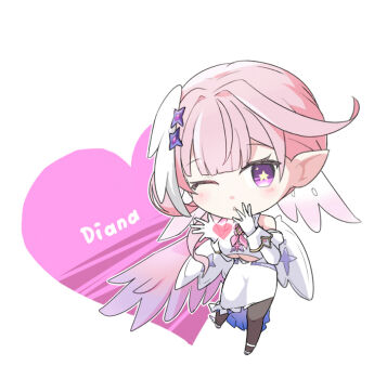 Rule 34 | 1girl, ;), black pantyhose, breasts, chaos zero nightmare, character name, chibi, chibi only, commentary request, crop top, diana (chaos zero nightmare), e7 raslove, gloves, korean commentary, large breasts, looking at viewer, multicolored hair, one eye closed, pantyhose, pink hair, pink wings, pointy ears, purple eyes, short hair, simple background, skirt, smile, solo, star-shaped pupils, star (symbol), symbol-shaped pupils, two-tone hair, underboob, white background, white gloves, white hair, white skirt, white wings, wings