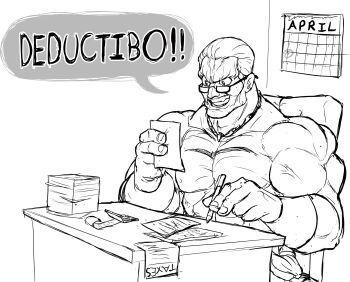 1boy calculator calendar desk doing_taxes fatal_fury geese_howard glasses highres left-handed muscular muscular_male paper_stack pen sketch speech_bubble teevo topless_male