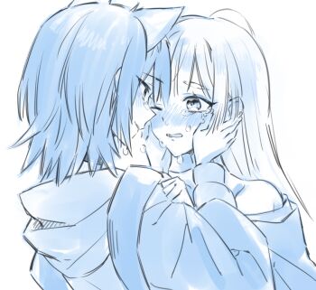 Rule 34 | 2girls, animal ears, blush, cho kaguya-hime!, commentary request, crying, eye contact, fox ears, hands on another's face, long hair, looking at another, multiple girls, myama, one eye closed, parted lips, runami yachiyo, sakayori iroha, short hair, tears, thick eyebrows, yuri