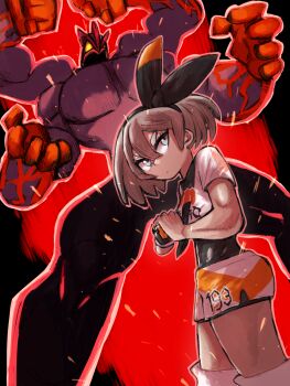 1girl bea_(pokemon) black_hairband closed_mouth commentary_request dark-skinned_female dark_skin dynamax dynamax_band extra_arms eyelashes fist_in_hand gen_1_pokemon gigantamax gigantamax_machamp gloves grey_eyes grey_hair hair_between_eyes hairband highres machamp muscular nintendo pectorals pokemon pokemon_(creature) pokemon_swsh shirt short_hair short_sleeves shorts single_glove thick_eyebrows toned toned_female user_hmrm3822 white_shirt white_shorts