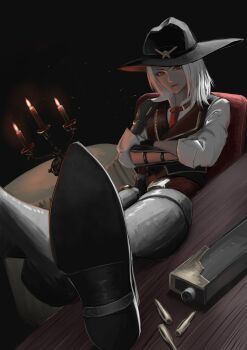 1girl absurdres ashe_(overwatch) asymmetrical_hair black_background black_boots black_gloves black_hat boots brown_vest bullet candlelight candlestand chair collared_shirt commentary_request cowboy_hat crossed_arms feet_on_table feet_up gloves gun hat highres knee_boots lips long_sleeves looking_at_viewer necktie on_chair overwatch partial_commentary red_eyes red_lips red_necktie ryo_(r9030397) shirt short_hair sitting solo table vest weapon white_hair white_shirt zipper