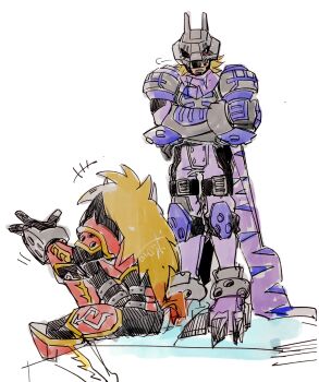 2boys 96uni69 agnimon armor black_bodysuit blonde_hair blue_bodysuit bodysuit digimon digimon_(creature) full_body grey_armor grey_helmet helmet highres male_focus multiple_boys red_armor red_eyes short_hair sitting standing wolfmon