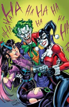 Rule 34 | 1boy, 2girls, batman (series), black dress, black hair, black lips, blue eyes, blush stickers, bow, bowtie, breasts, cdubbart, clown, commentary, dc comics, dress, ear piercing, english commentary, eyeshadow, gloves, green eyes, green hair, gun, harlequin, harley quinn, highres, holding, holding gun, holding knife, holding weapon, knife, laughing, makeup, multicolored hair, multiple girls, pale skin, piercing, punchline (dc), the joker, torn clothes, two-tone hair, weapon