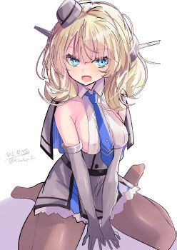 1girl absurdres blonde_hair blue_eyes blue_necktie blush braid breasts capelet colorado_(kancolle) dress elbow_gloves garrison_cap gloves grey_capelet grey_dress grey_gloves grey_hat hat headgear highres hizaka kantai_collection large_breasts necktie one-hour_drawing_challenge open_mouth pantyhose shirt short_hair sideboob sideless_shirt signature sitting sleeveless solo twitter_username wariza white_background white_shirt