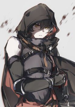 1boy absurdres belt black_belt black_cloak black_gloves black_shirt chest_belt chinese_commentary cloak commentary_request elbow_gloves gloves hair_between_eyes highres hood hood_up hooded_cloak looking_at_viewer male_focus male_rover_(wuthering_waves) mijiu163 parted_lips rover_(wuthering_waves) shirt single_bare_shoulder solo upper_body wuthering_waves yellow_eyes