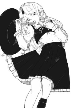 1girl boots breasts collared_shirt commentary_request cross dolls_in_pseudo_paradise fedora frilled_shirt_collar frilled_sleeves frills greyscale hat hat_feather holding holding_cross jacket_girl_(dipp) long_hair long_sleeves lying midriff monochrome navel neck_ribbon open_clothes open_shirt parted_bangs ribbon shirt simple_background skirt solo stomach suzumi_jingle touhou underboob unworn_hat unworn_headwear vest white_background