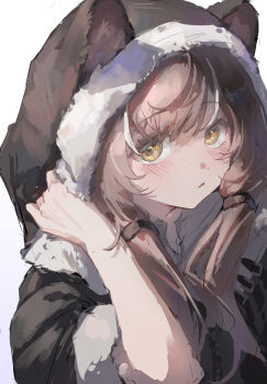 1girl absurdres animal_ears arknights blush brown_hair commentary_request fur-trimmed_hood fur_trim highres honeyberry_(arknights) hood hood_up long_hair looking_at_viewer low_twintails mumu_millhayes open_mouth simple_background solo squirrel_girl twintails white_background yellow_eyes