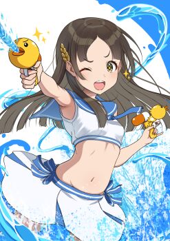 1girl ;d absurdres armpits bare_arms bikini blue_neckerchief blue_sailor_collar breasts brown_hair cowboy_shot dual_wielding floating_hair gakuen_idolmaster groin hair_ornament highres holding holding_water_gun idolmaster kuramoto_china long_hair midriff miniskirt navel neckerchief one_eye_closed open_mouth osoba_susurukun parted_bangs sailor_bikini sailor_collar sailor_swimsuit_(idolmaster) skirt small_breasts smile solo splashing standing stomach straight_hair swimsuit symbol-shaped_pupils v-shaped_eyebrows wading water_gun wheat_hair_ornament white_bikini white_skirt yellow_eyes