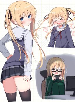 Rule 34 | > <, 1girl, :<, = =, absurdres, arm at side, ass, black-framed eyewear, black ribbon, black skirt, black thighhighs, blonde hair, blue eyes, blush, closed eyes, closed mouth, commentary, controller, cowboy shot, crying, facing viewer, fang, floating hair, from behind, frown, furrowed brow, game controller, glasses, green jacket, grey sweater vest, hair between eyes, hair down, hair ribbon, hand on own hip, highres, holding, holding controller, holding game controller, jacket, knees up, long hair, long sleeves, looking at viewer, looking back, miniskirt, multiple views, open mouth, pleated skirt, ribbon, saenai heroine no sodatekata, sailor collar, sawamura spencer eriri, school uniform, serafuku, shirt, simple background, sitting, skin fang, skirt, sound effects, streaming tears, sweater vest, takepoison, tears, thighhighs, thighs, track jacket, twintails, upper body, v-shaped eyebrows, very long hair, white background, white sailor collar, white shirt, zettai ryouiki